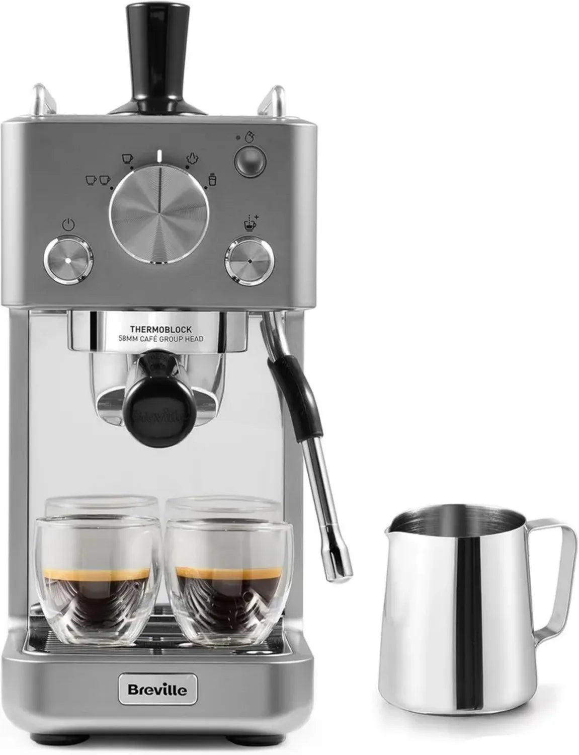 Machine à espresso compacte Breville avec mousseur intégré et pompe 15 bars, idéale pour cappuccinos et lattes, argentée