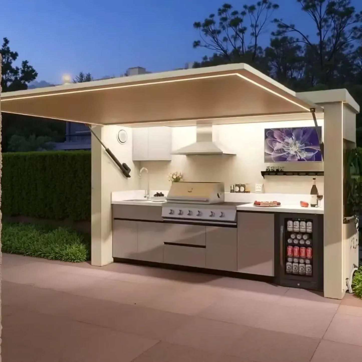 Cuisine extérieure moderne avec barbecue intégré, réfrigérateur et cuisinière