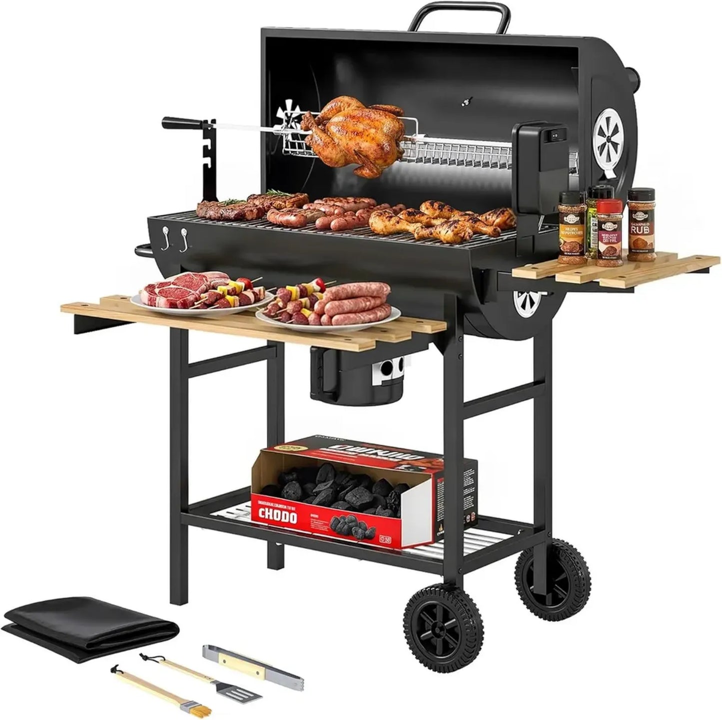 Gril à charbon de bois Outsunny avec chariot, étagères pliables et thermomètre